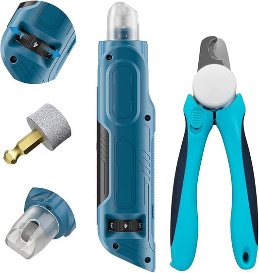 PAPIFFEED Pet Nail Grinder with Nail Clipper Kit, 6 Speed Adjustable Dog Nail Trimmer with LED Light, Rechargeable Pet Nail File with Dust Proof & Type-C Charging (Blue Set)