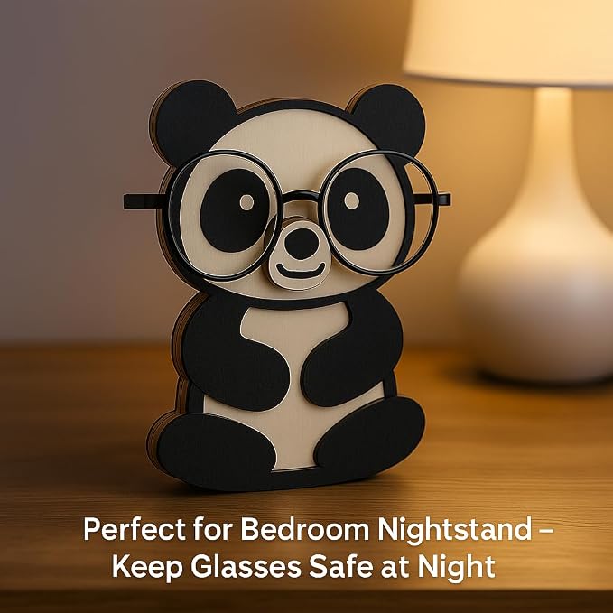 Panda Eyeglass Holder Stand, Wooden Glasses Organizer for Desk Decor | Cute animal glasses holder for eyeglasses and sunglasses, wooden panda desk organizer for nightstand, office or gifting