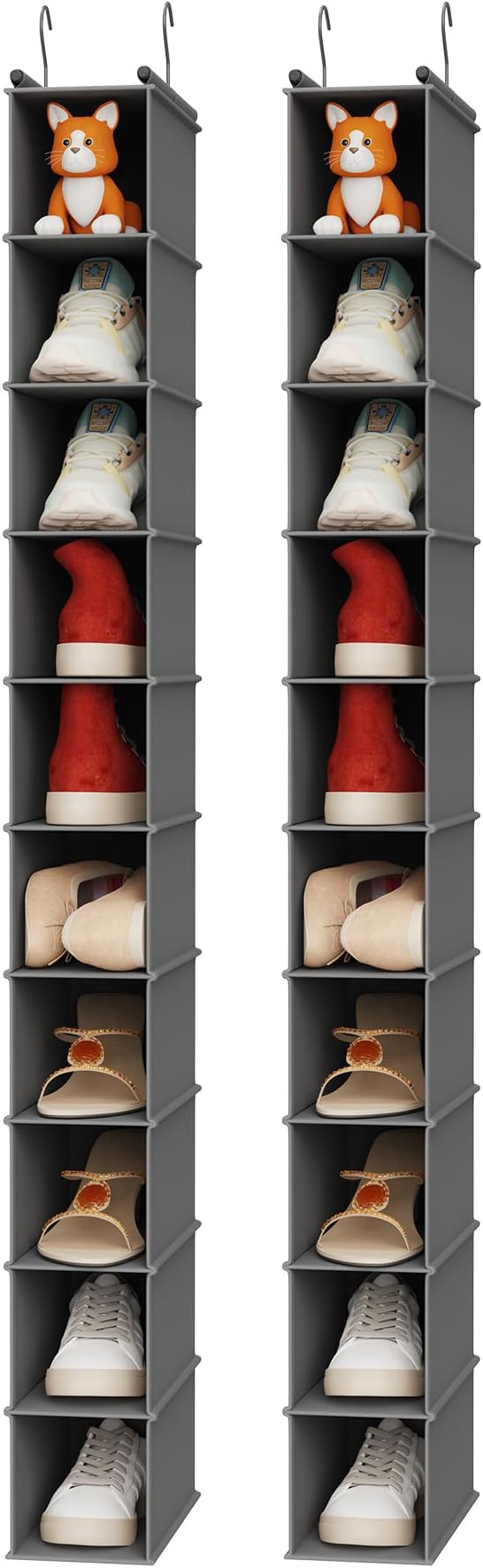 MAX Houser 10-Shelf Hanging Shoe Shelf Organizer for Closet,2 Pack Grey | Foldable Hanging Shoe Storage Shelf with 2 Metal Hooks, Space Saving Storage for Narrow Space