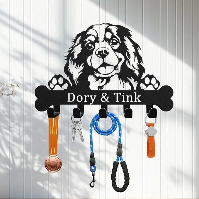 Custom Dog Leash Holder, Cavalier Collar Hanger, Metal Key Holder, Entryway Organizer, Mudroom Decor, Coat Rack, Hooks for Hanging, Hallway Rack, Doorway Decor, New Home Gift, Name Sign