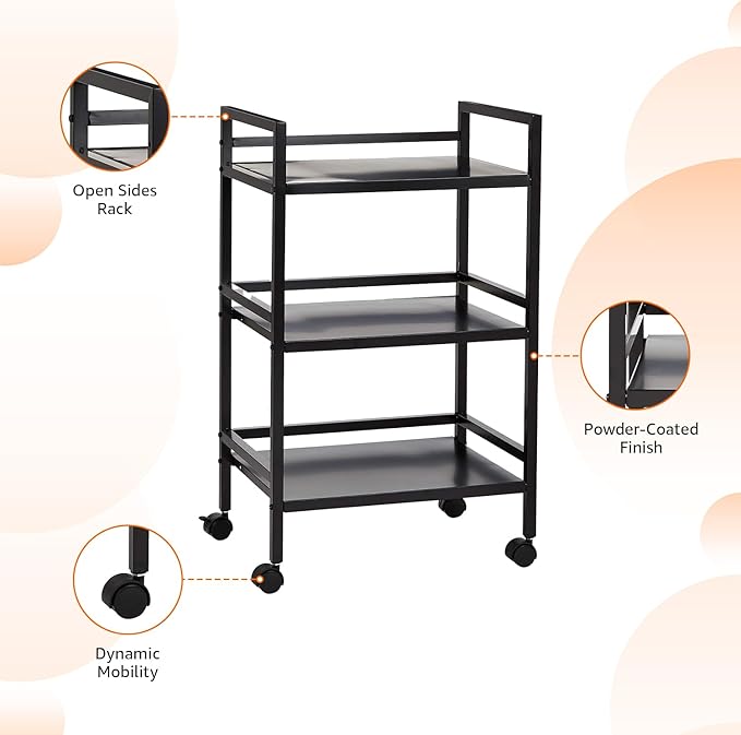 Amazon Basics 3-Tier Metal Rolling Utility Cart, Storage Organizer, Multifunctional Storage, Mobile Shelving, Black
