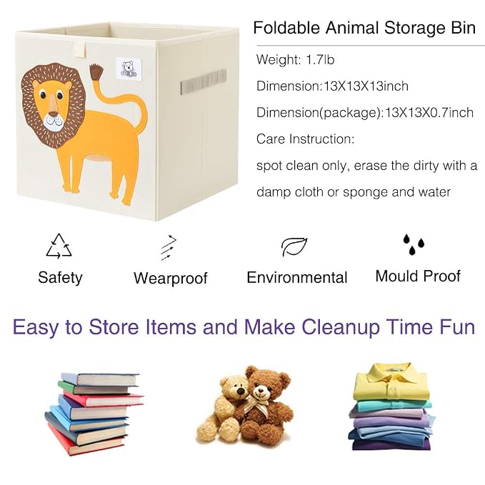 13 Inch Animal Cube Storage Bins, Foldable Fabric Kids Toy Box & Toy Chest | Kids Storage Cubes, Toy Storage Organizer Basket for Toddlers, Boys and Girls, Playroom and Nursery (Lion)