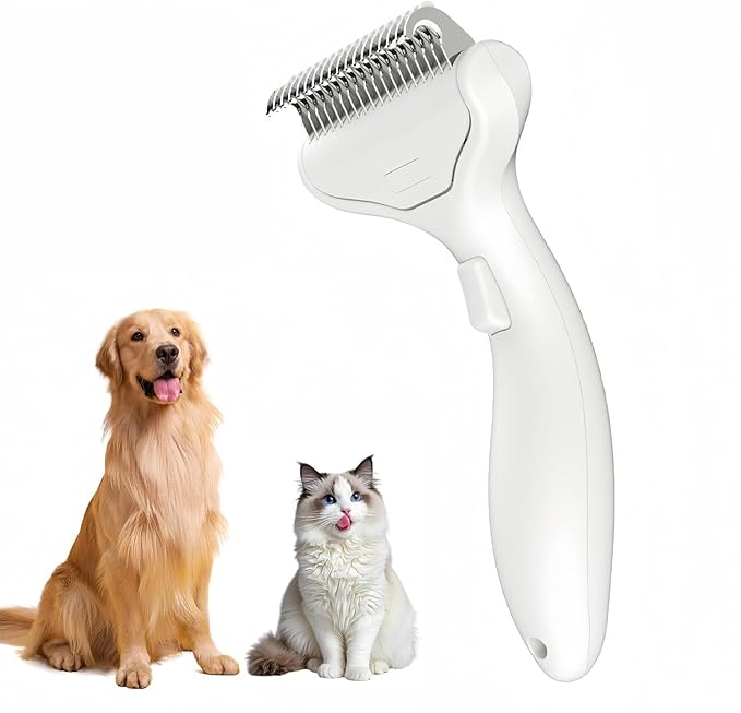 Undercoat Rake for Dogs & Cats, Deshedding Brush for Long haired Pets,Dog Brush for Shedding with Release Button,Best Cat Undercoat Brush&Deshedding Tool for Grooming (Creamy-White)