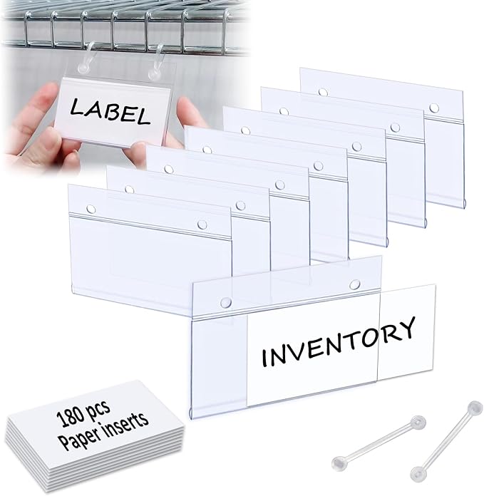 ChanQnTon Plastic Shelf Label Holders, 180pcs Label Holders with 360pcs Snap Lock Hanging Loops and 180pcs Matched Paper Inserts for Wire Basket,Price Tags,Shelf Tags for Wire Shelving 3.15x1.57inch | Wire Shelf Rack Label Holders with Paper Inserts