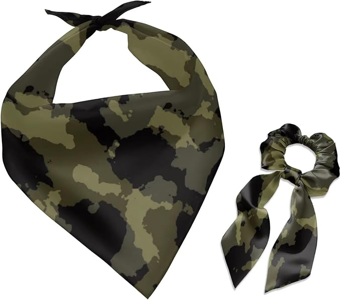 COEQINE Green Camo Valentines Dog Bandanas Brothers with Hair Tie Bow Cool Adult Waiter Costume with Pet Costume Christmas Party Cosplay 2 Pcs Winter Clothing for Women Dog Outfit