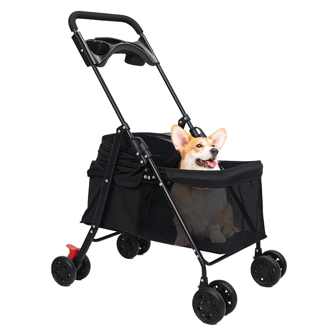 4‑Wheel Foldable Pet Stroller, Travel Strolling Cart for Small & Medium Dog | Breathable Visible Mesh Window, Cup Holder & Storage Basket, Rear Wheel Dual Brake, Portable Folding Design Black