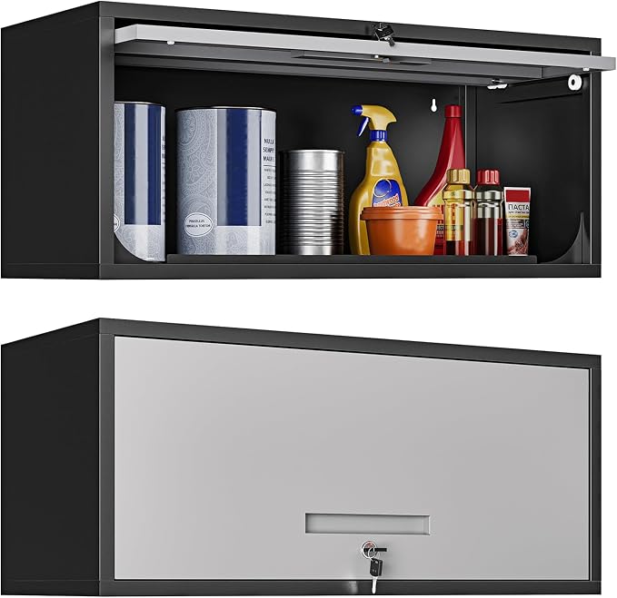 Metal Garage Wall Cabinet with Doors, Wall Mounted Metal Storage Cabinet, Floating Garage Tool Cabinet for Garage, Basement, Kitchen, Warehouse (Black Gray, 13.7" H)