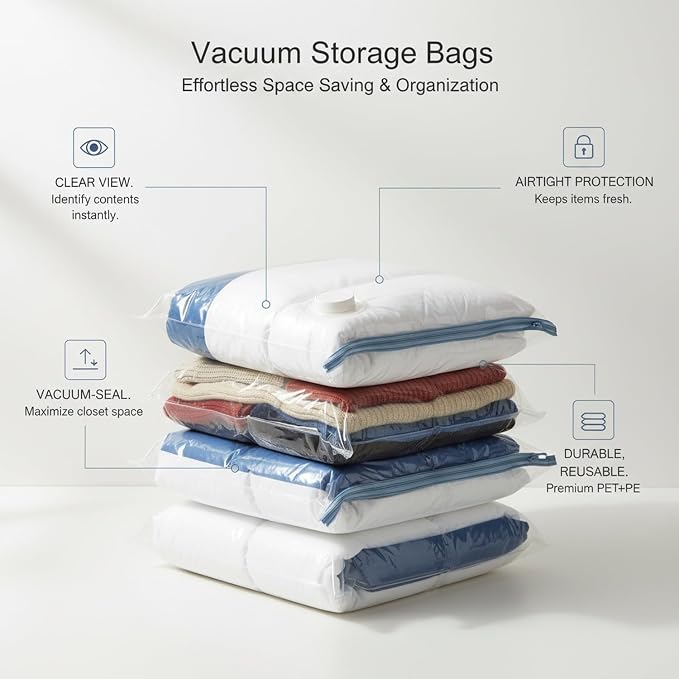 Vacuum Storage Bags for Clothes and Bedding, Clear Space Saver Bags with Valve, Reusable Compression Organizer (1 Pack)