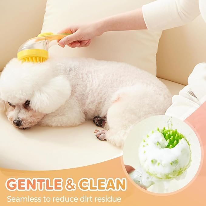 Dog Bath Brush, 2 in 1 Pet Grooming Bath Massage Brush with Soap and Shampoo Dispenser Soft Silicone Bristle Dog Scrubber for Long Short Haired Dogs Cats Shower-Yellow