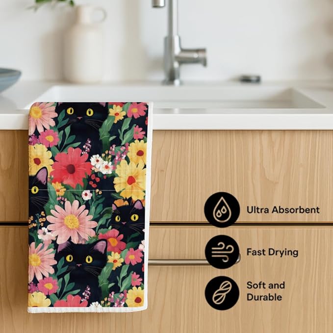 Cute Cat Gifts for Women Cat Mom Lover Lady,Cats Flower Kitchen Hand Towel Decor,Cute Hand Towel for Bathroom,Dish Towels Baking Cooking Drying Cloth,Cats Themed for Her