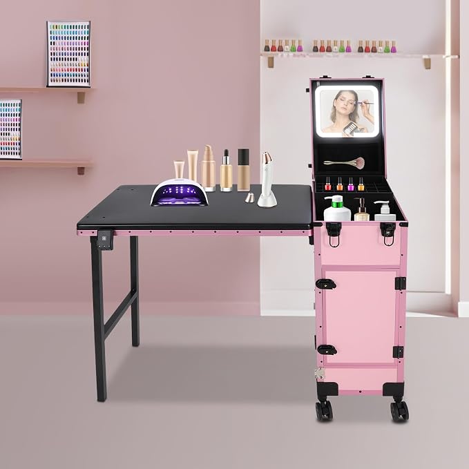 Portable Rolling Travel Nail Desk, Foldable Nail Tables Travel Cosmetic Trolley Storage Organizer with LED Mirror & 3 Drawers for air Stylists Pet Groomers Makeup Artists Salon (Pink Black)