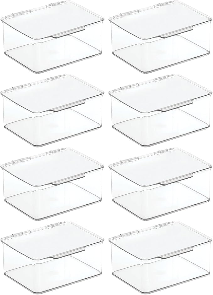 mDesign Plastic Playroom and Gaming Storage Organizer Box Containers with Hinged Lid for Shelves or Cubbies, Holds Small Toys, Building Blocks, Puzzles, Markers, Controllers, or Crayons, 8 Pack, Clear