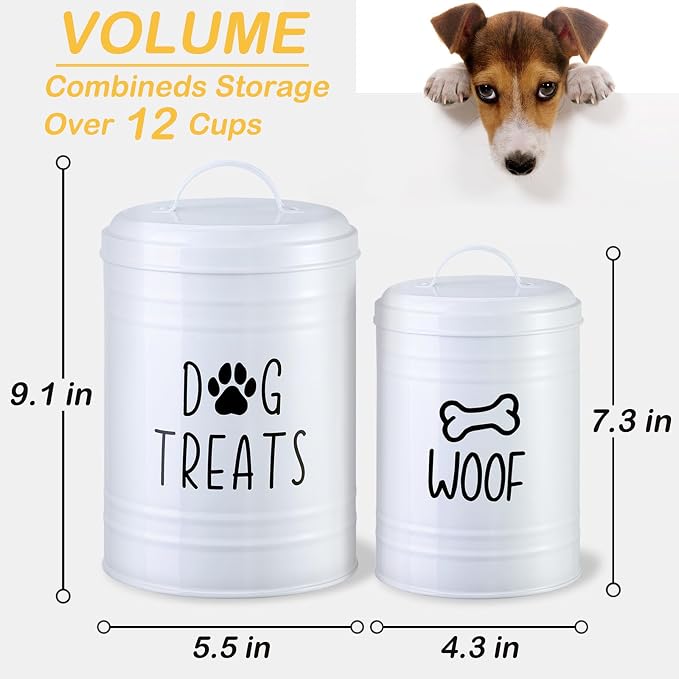 Dog Treat Container Airtight Set of 2, 9x5.5''&7x4'', 12Cup Capacity(White) | Large Capacity Dog Treat Jar Suitable All Popular Treats,Airtight Lid Keep Food Fresh,Dent-Resistant Durable Metal Cookie Jar