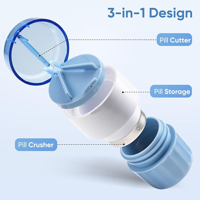 3-in-1 Pill Crusher and Cutter (Blue) | Pills Crusher Fine Powder with Stainless Steel Grinding Head, Storage for Tablets, Cutter Splitter for Small and Tiny Pills