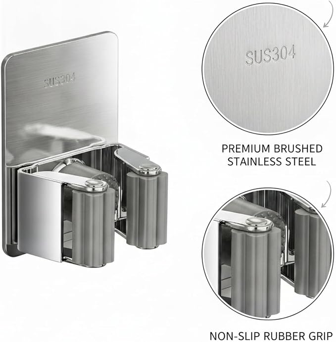Stainless Steel Mop and Broom Holder Wall Mount, No-Drill Adhesive or Screw-In Hook for Bathroom, Laundry, Garage Organization (1 Pack)