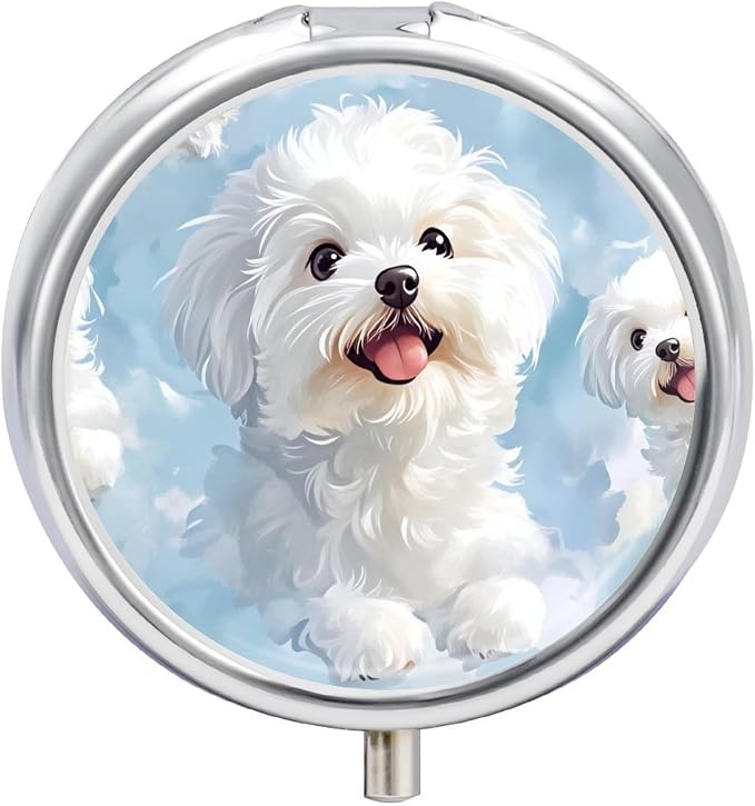 Cute White Dog Metal Pill Organizer with Mirror, 3-Compartment Travel Pill Box, 2-Inch Round Pocket Medicine Case with Secure Latch, Portable Vitamin Holder for Women & Men
