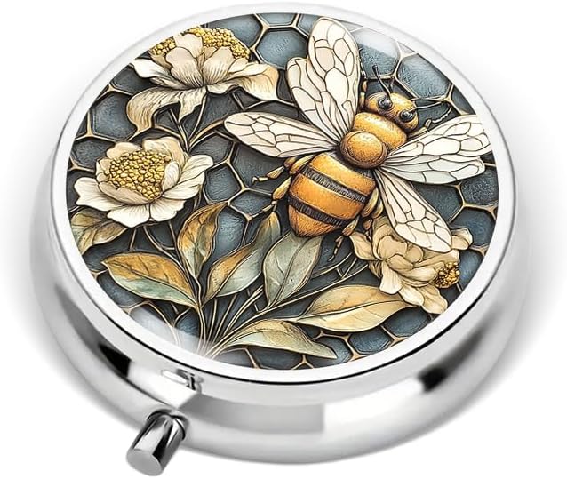 Portable Round 3 Compartment Metal Pill Box Beautiful Detailed Aluminum Wall Sign with Gorgeous Bee and Honeycomb Design for Home Office or Gift Use