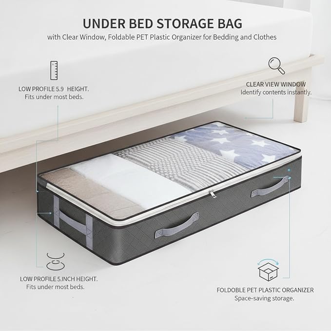 Under Bed Storage Bag with Clear Window, Foldable PET Plastic Organizer for Bedding and Clothes, Low Profile 5.9 Inch Height (1 PC)