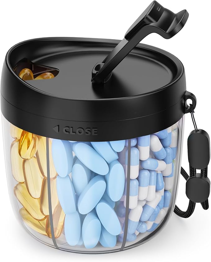 AMOOS Cute Pill Dispenser with Anti-Mix Design, 7-Slot, BPA-Free, Patented | Portable Travel Pill Organizer, Wide Mouth for Easy Access, Pill Bottle Organizer for Vitamins, Fish Oils, Supplements, Black