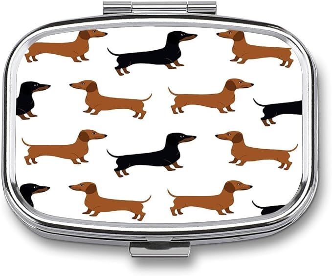 2 Compartment Square Pill Box Portable Metal Travel Pill Organizer | Dachshund Weiner Pet Dogs Pill Case to Hold Vitamins, Medication, Fish Oil and Supplements, Ideal for Purse & Pocket
