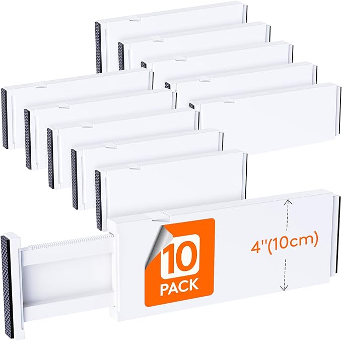 Lifewit 4" High Upgrade Drawer Divider, Adjustable Drawer Organizer Clothes | 10 Pack 11-17" Expandable White Plastic Drawer Separator for Dresser, Kitchen, Closet, Nursery, Office Organization & Storage