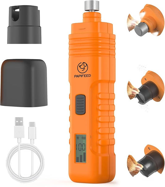 PAPIFFEED Dog Nail Grinder with LCD Display – Quiet Electric Nail Trimmer with Dual LED Light, Safe for Black & Thick Nails, Rechargeable for Small Medium Large Dogs & Cats (Orange)