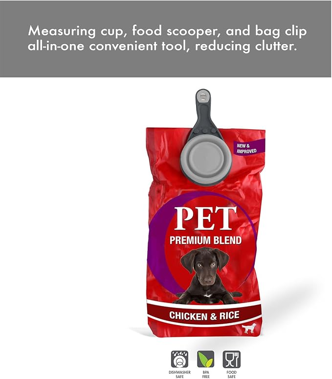 Dexas Popware for Pets Collapsible Klip Scoop, 3-in-1 Pet Food Scoop, Measuring Cup and Bag Clip, 1 Cup Capacity, Light Gray