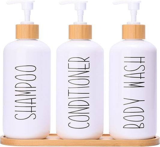 MOMEEMO White Shampoo and Conditioner Dispenser Set, Contains 3 Extra-Thick PET Plastic Bottles, Refillable Shampoo and Conditioner Bottles Perfect for Farmhouse Bathroom Decor. (White)