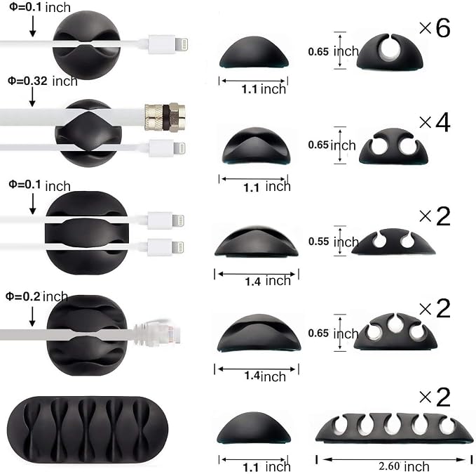 16-Pack Black Cord Organizer - Adhesive Cable Clips Holder for Desk, Wall, Car - Wire Management Clips for iPhone Charger, USB, Computer Cables -Cord Keepers with Strong Sticky Backing
