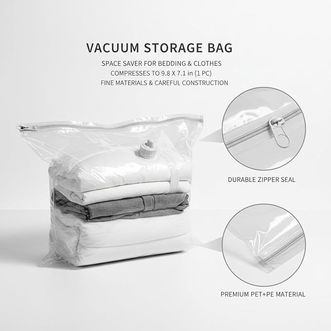 Vacuum Storage Bag with Zipper Seal, Space Saver for Bedding & Clothes, Compresses to 9.8 x 7.1 in, White (1 Pack)