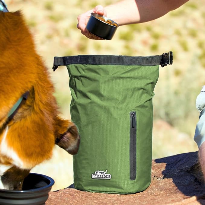 Callieco Dog Food Travel Bag w/ 1 Cup Scoop and Zipper Side Pocket | Waterproof Kibble Storage Container for Home, Road Trips, Camping, Boarding and More (Green, 32 Cups)