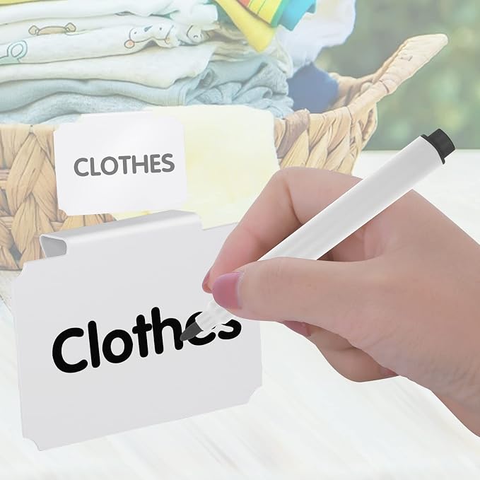 12 Pieces Basket Labels Clip on Set, Include 10 Pieces Kitchen Clip Label Holder Removable Pantry Basket Labels with 2 Pieces Black Chalk Marker for Storage Bins Organization Box (White)