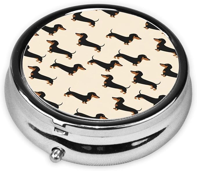 Round Pill Box, Wiener Dog Fabric Doxie Dachshund Weiner Dog Pet Dogs Portable Travel Organizer, Metal Case with Mirror, Pocket Purse Container for Supplements