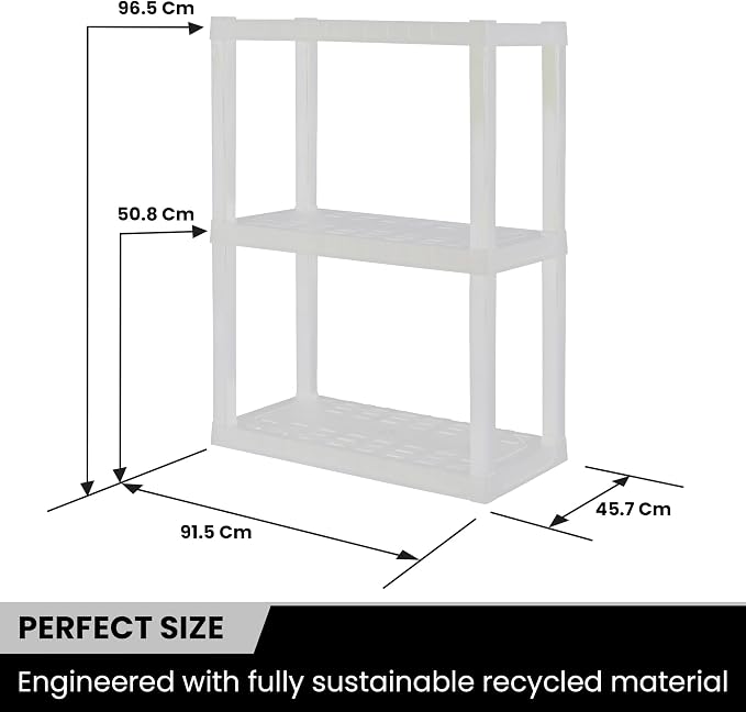 Oskar Heavy Duty Plastic Storage Shelves- for Garage, Kitchen, Bathroom Basement Kids Room, Stackable 3-Tier White, Organizer Rack for Books Shoes, Toys, Pantry, Cleaning and Closet Organization