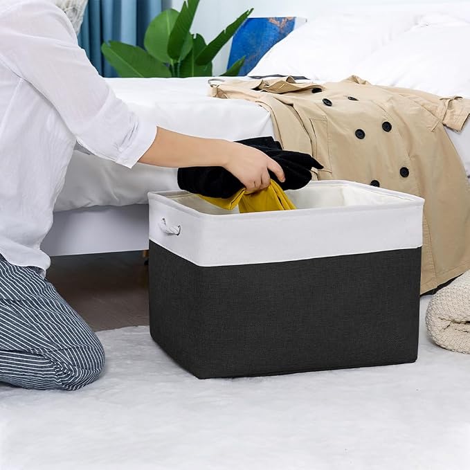 Organization and Storage for Shelves - Extra Jumbo 3 Pack 20.5x15.7x13.8 inch Fabric Storage Basket for Organizing, Storage Bins for Shoes Towel Blanket (White & Black)