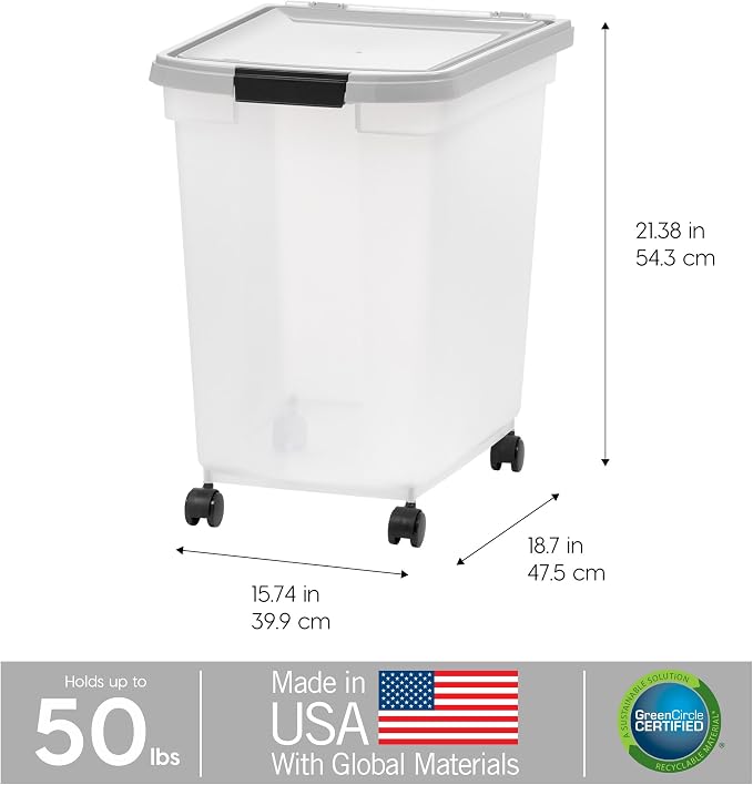 IRIS USA Dog Food Storage Container, Up to 50 lbs, Clear/Gray, Made in USA | Wheels for Mobility, Airtight Seal, BPA-Free, Best for Bird Seed, Cat food, Cat Litter, Chicken Feed, Pellets