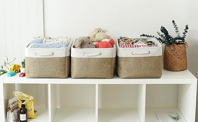 Organization and Storage Basket for Organizing - X Large - 3 Pack 17.7L×13.8W×9.8H in Collapsible Storage Bin for Shelves, Fabric Basket for Gifts Organizer Toy Closet (White & Khaki)