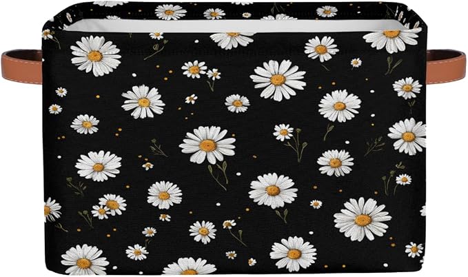 Pardick Storage Baskets Bin, Daisy Flower Black Collapsible Canvas Fabric Storage Bin Decorative Baskets Toy Organizer Rectangle Storage Boxes with handles for Home Shelves Nursery,Q-11