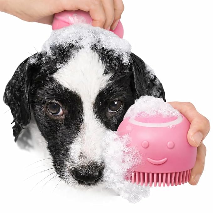 Dog Bath Brush with Shampoo Dispenser – Silicone Pet Grooming Scrubber for Dogs & Cats, Deep Clean + Massage, Easy-Grip Rubber Handle – Pet Shower Tool for Long & Short Hair
