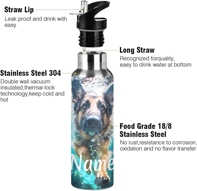 Custom Name German Shepherd Dog Underwater Water Bottle with Straw Lid Kids Insulated Stainless Steel Water Flask Sports, 20 Oz Hot Cold