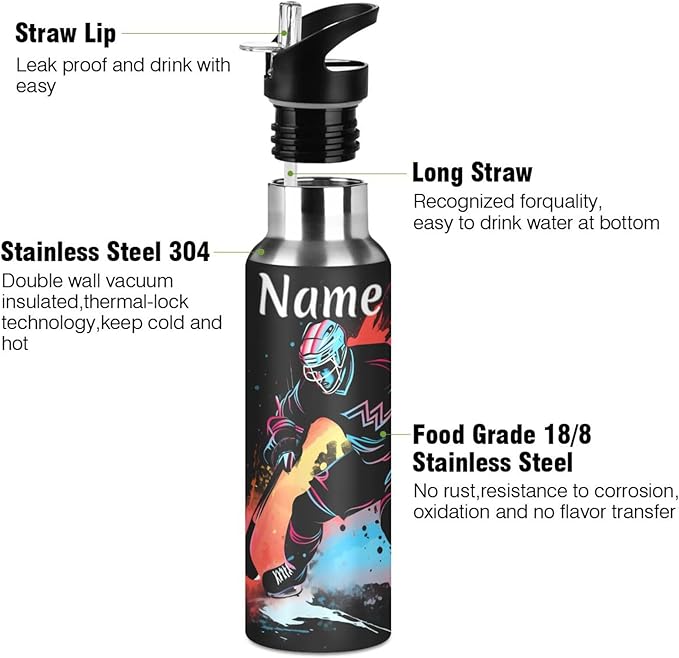 Custom Name Hockey Player Water Bottle with Straw Lid Kids Insulated Stainless Steel Water Flask Sports, 20 Oz Hot Cold
