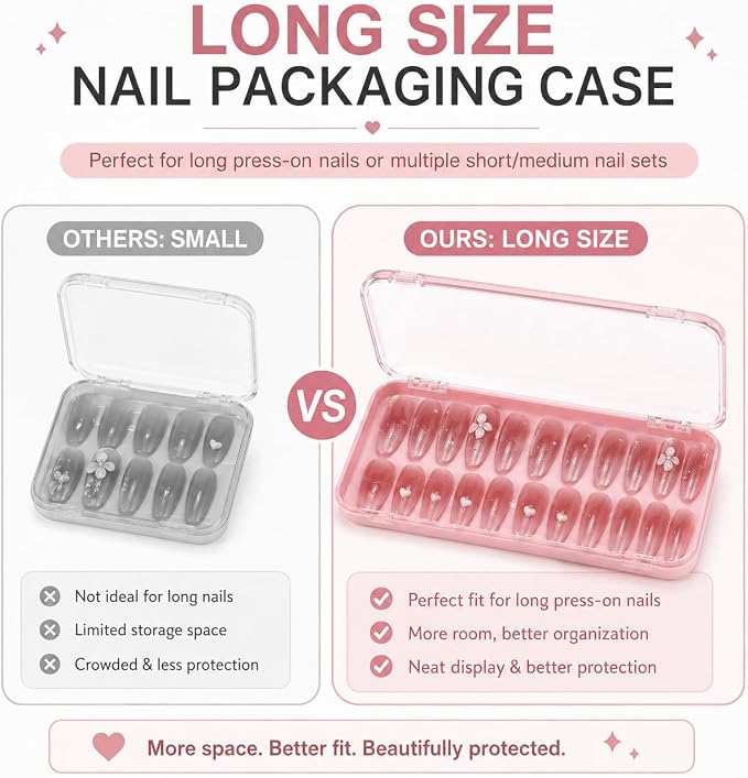 12Pcs Press On Nail Packaging Boxes for Long Nails | Large clear storage cases for long press ons; includes 30 adhesive tabs and bonus tools for nail salon use.