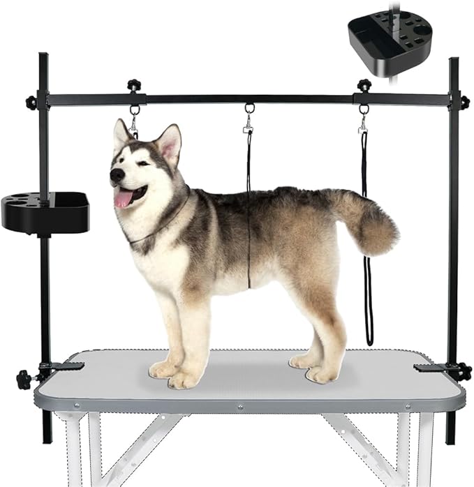 LEIBOU H-Shape Pet Grooming Table Arm with Grooming Hammock Tool Holder Noose and Clamp for Dogs and Cats Heavy Duty Aluminum Alloy Frame with 35.4” Adjustable Height and 36.2” ~ 50” Adjustable Width