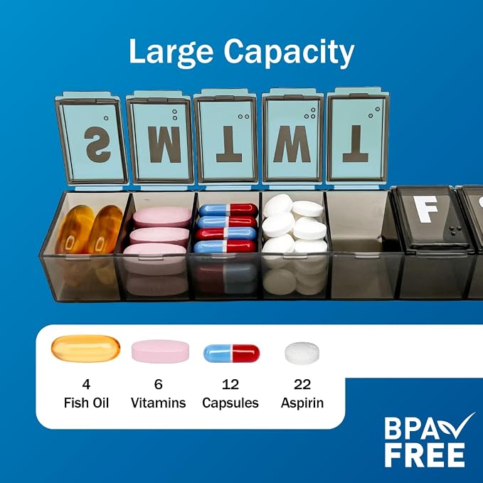 Amazon Basic Care Weekly (7-Day) Pill Organizer, Vitamin Planner, and Medicine Box, Medium Compartments, Black (Pack of 2)