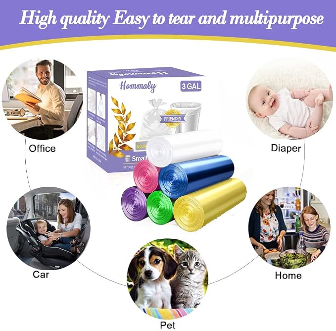 3 Gallon 180pcs Small Multi Trash Bags Strong Garbage Bags, Bathroom Trash Can Bin Liners, Plastic Bags for Office, Waste Basket Liner, Fit 10-13 Liter, 2.6,3,Gal（3M180-6M)
