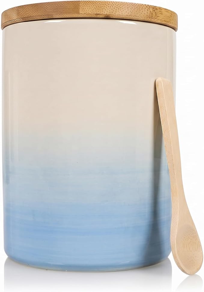 Arthausen Vintage Blue Ceramic Storage Jar Canister for Flour Sugar - Airtight Bamboo Lid w/Silicone Seal, Spoon - Modern Abstract Art Design for Kitchen Counter Bathroom - 4 cup / 1080mL