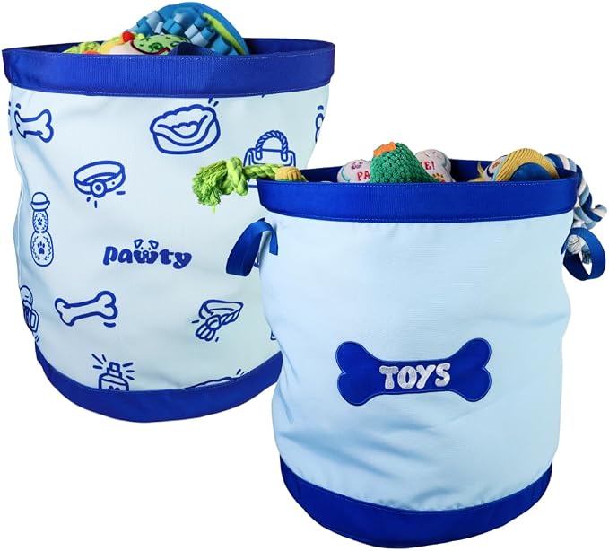 Pawty Reversible Dog Toy Basket – 35L Large Collapsible Fabric Storage Bin with Dog Toys Text – Foldable Pet Toy Box & Organizer for Blankets, Leashes, Living Room – 13.8" x 15.75" (Holds 20+ Toys)