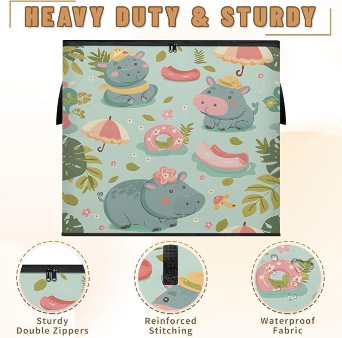 Hippopotamus Large Storage Bags, Fabric Bed Storage Containers, Foldable Closet Organizers for Blanket, Clothing, Comforter, Bedding, Tropical Theme