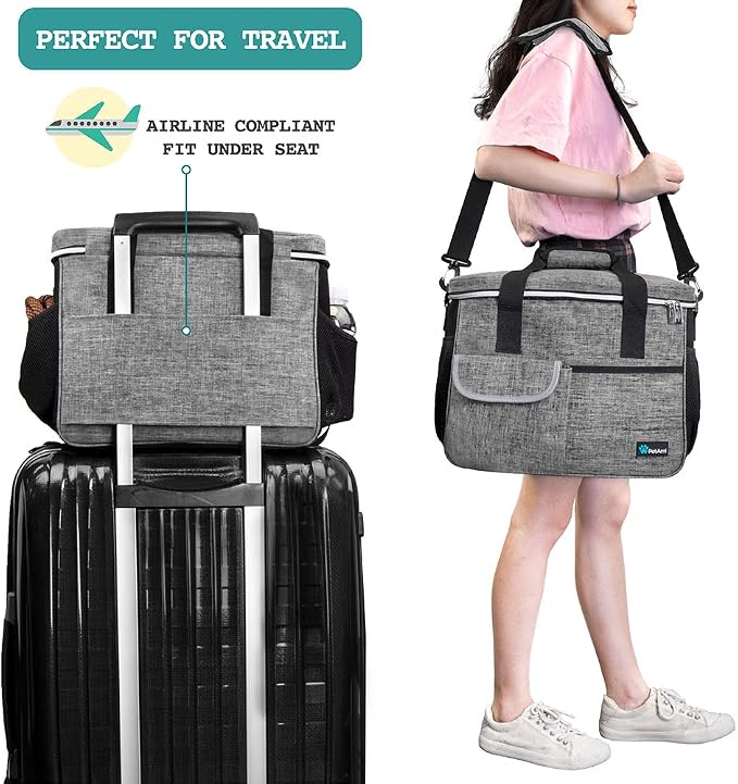 PetAmi Dog Travel Bag Organizer, Pet Supplies Tote Diaper Bag, Gray Medium | Pet Travel Kit with 2 Food Containers & 2 Collapsible Dog Bowls, Luggage Sleeve, Weekend Getaway Road Trip Camping Essentials