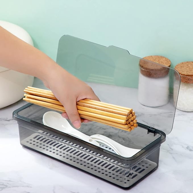 Flatware Tray Kitchen Drawer Organizer With Lid And Drainer - Plastic Kitchen Cutlery Tray and Utensil Storage Container with Cover - Dinnerware Holder for Spoons Forks Knives 10.0x4.3x2.8